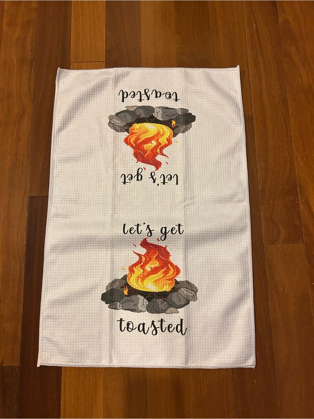 White Kitchen Towel with Red Orange Yellow Campfire Graphic NWOT
